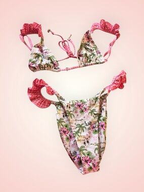 Floral Ruffle Trim Pink Tropical Bikini, sz small